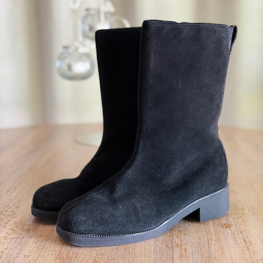Lands End Womens Black Suede Mid Calf Side Zip Boots 8B Minimalist Utility Basic